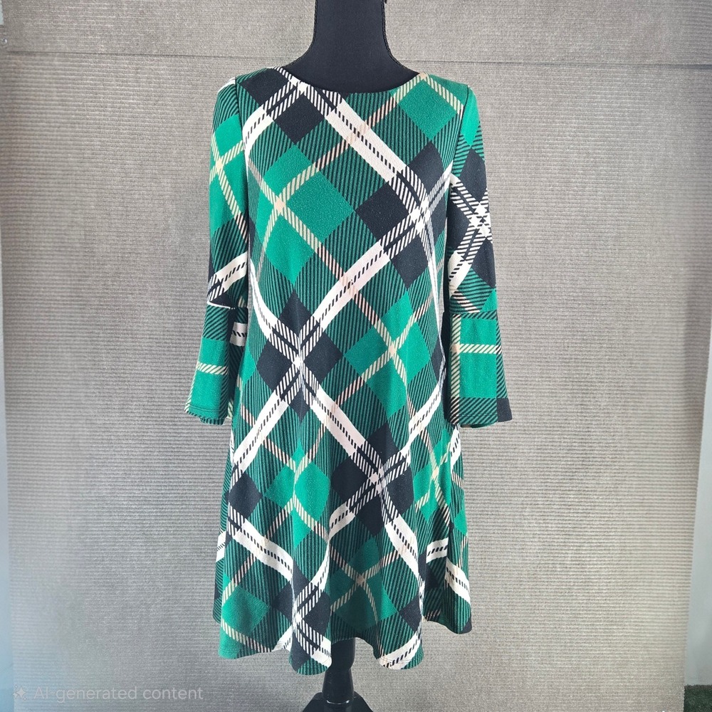 Jessica Howard Women M Green Plaid Bell Sleeve Shift Dress